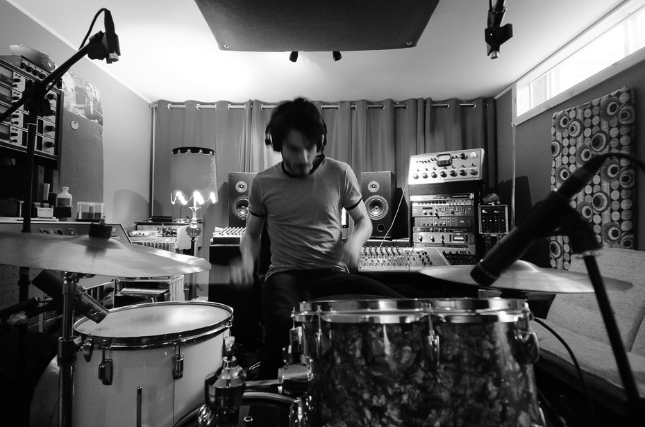Pascal drumming in the studio